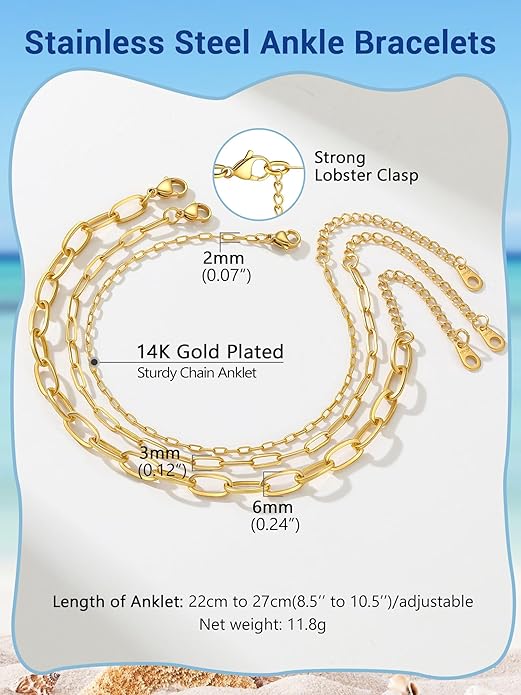 PROSTEEL Stainless Steel Chain Anklets for Women, Silver/Gold Tone, Ankle Bracelets Hypoallergenic, 8-10.5 Inch Adjustable, Come with Box