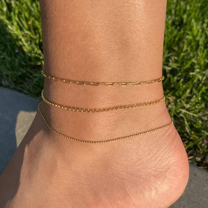 Dainty Ankle Bracelets for Women 18K Gold Plated Satellite Beaded Herringbone Chain Anklets Simple Lip Chain Anklet Minimalist Summer Beach Foot Jewelry Christmas