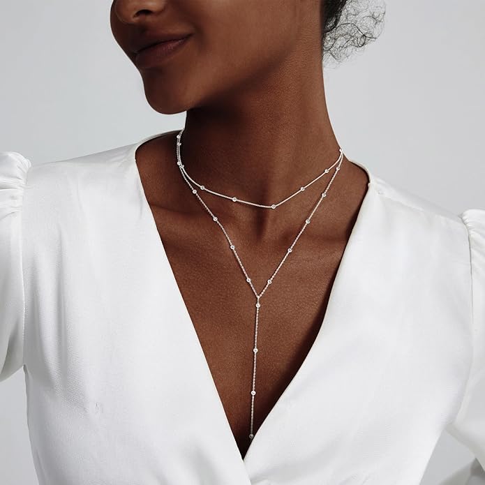 Luxval Lariat Silver Necklace for Women, Dainty Long Necklace Silver Y-Shaped Pendant Necklaces Trendy Beaded Chain Drop Necklaces Jewelry for Women Gifts