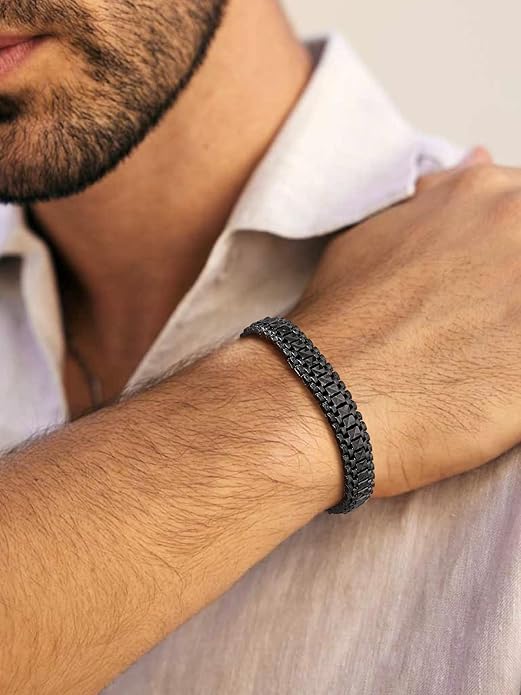 U7 Link Bracelets for Men, Cuban Link/Rope/Watch Band Solid Bracelet, Silver Black Gold Color Wrist Bracelet 3/6/9/12/15mm Width, 6.5/7.5/8.3 Inch Length, Hand Chain Jewelry for Mens Women