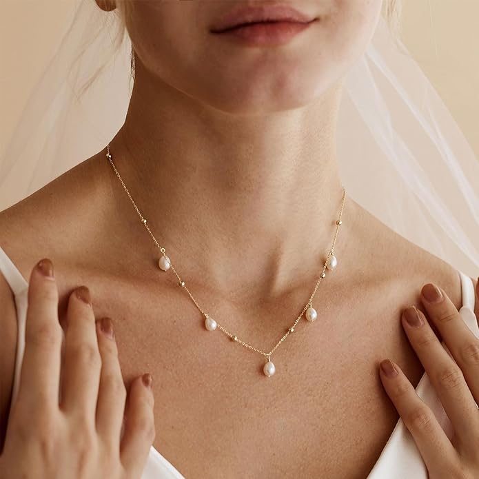 Gold Pearl Necklaces for Women Trendy, 14K Gold Plated Dainty Necklace Simple Layered Pearl Necklaces for Women Trendy Wedding Birthday Jewelry