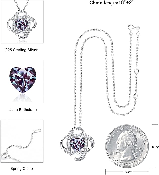 Iefil 925 Sterling Silver Love Knot Birthstone Necklace, Natural or Created Gemstone, Anniversary Birthday Gifts for Women, Jewelry Gifts for Wife Mom Girlfriend