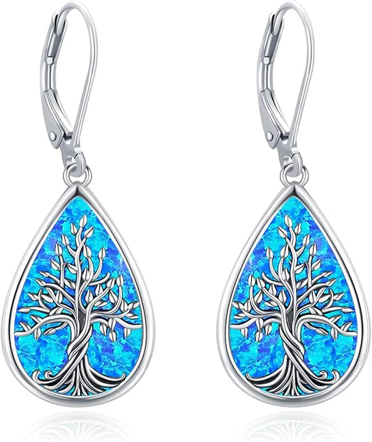 Sterling Silver Tree of Life/Flower/Bee/Animals/Cat/Hummingbird Dangle Earrings Moonstone Turquoise Drop Leverback Earrings Jewelry Gifts