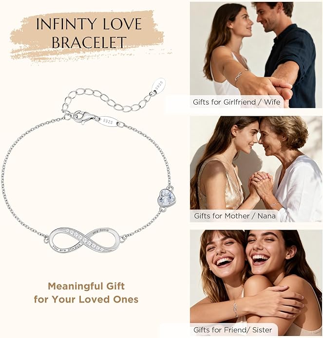 NORBU S925 Infinity Bracelets for Women, Sterling Silver Womens Infinity Heart Birthstone Link Charm Bracelet, Jewelry Gifts for Her Christmas Birthday Valentine Mother's Day