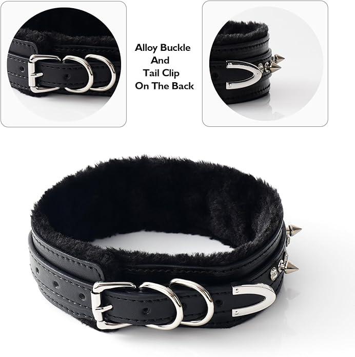 Gothic Punk Choker for Women, Handmade PU Leather Collar with Crystal Rivets Soft Inner Fur Comfortable Necklace