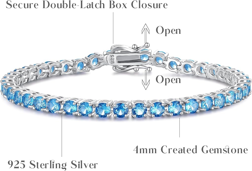 FANCIME Birthstone Bracelet Sterling Silver Gemstone Tennis Bracelets Fine Jewelry Wedding Bridal Prom Birthday Gift for Women Her, Length 7.2 Inch Width 4mm