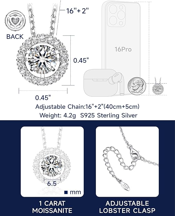 MomentWish Floating Necklace for Women, 0.5/1 Carat Dancing Moissanite Necklace for Her 925 Sterling Silver Pendant Anniversary Birthday Christmas Gift for Wife Mom Girlfriend