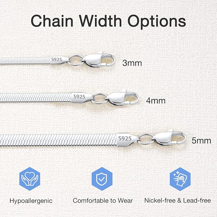 Jewlpire 925 Sterling Silver Herringbone Necklace for Women, 3mm 4mm 5mm Necklace for Women Herringbone Chain Necklaces Dainty Women's Chain Necklaces 16 18 20 22 24 Inch