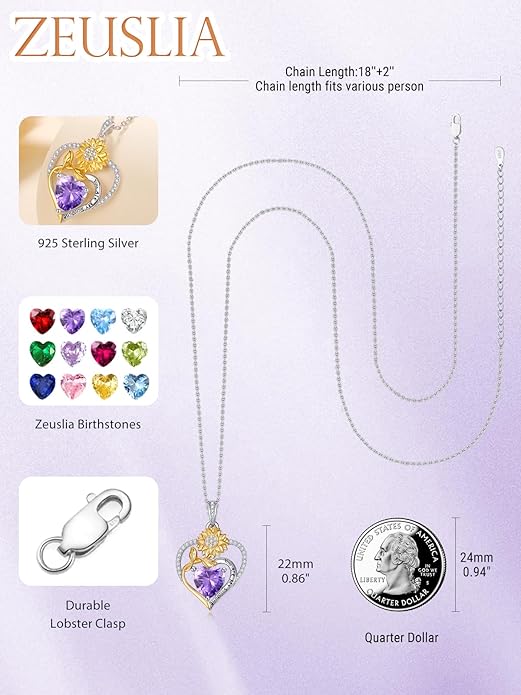 Zeuslia Double Birthstone Necklace Gifts for Wife - 925 Sterling Silver Sunflower/Rose/Crown Cross/Compass/Heart Pendant I Love You Necklace, Anniversary Birthday Gifts for Wife Girlfriend Mom Her