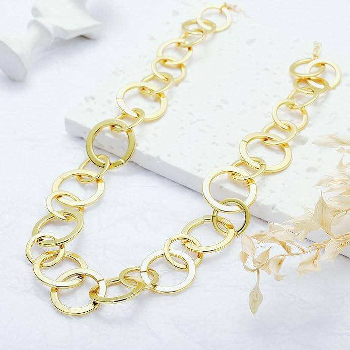 Chunky Gold Necklace for Women: 14k Gold Plated Loop Chain Link Statement Choker Necklace for Women - Chunky Fashion Pendant Jewelry