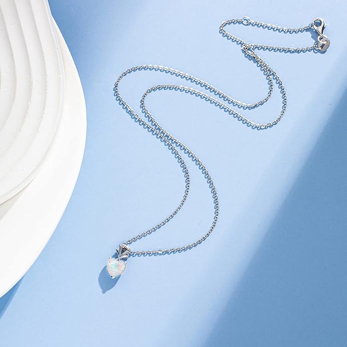 AGVANA Christmas Gifts 14K White Gold Gemstone Pendant with Sterling Silver Chain 8mm Heart Birthstone Necklace for Women Fine Jewelry Anniversary Birthday Gifts for Women Mom Wife Girlfriend Her