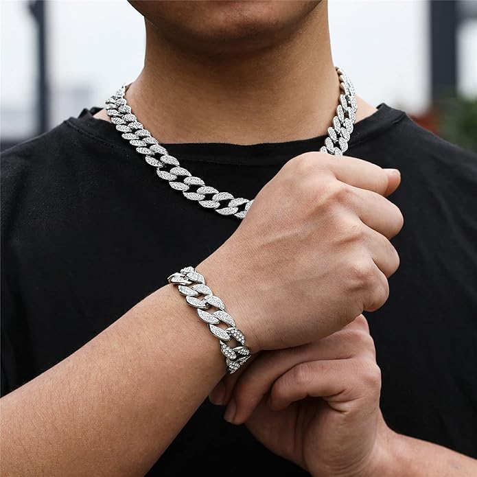 Saintda Cuban Link Chain and Bracelet Set for Men Women Iced Out Diamond Gift for Boys Hip Hop Rapper Jewelry