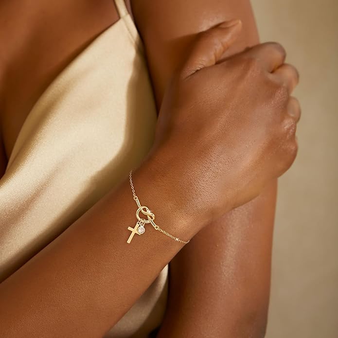 Moodear Christmas Gifts Sotcking Stuffers, Dainty 925 Sterling Silver/14k Gold Plated CZ Cross Bracelet Layered Snake Pearl Chain Knot Bracelets for Women Trendy Religious Christian Jewelry