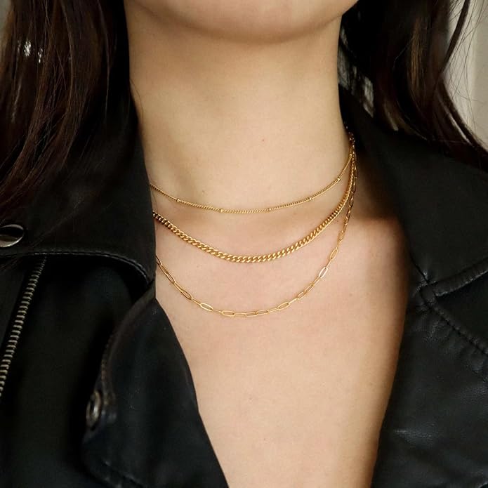 AILPIWE Layered Gold Necklaces for Women, 18K Gold Plated Dainty Paperclip Box Cuban Satellite Chain Necklace Set, Simple Gold Necklace Stack for Women