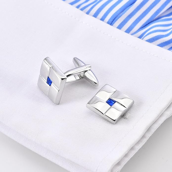 Jonwo Square Metal Silver Cufflinks with Blue Crystal for Men Lady In Gift Box Classic Men's Cuff Links Jewelry for Wedding Party Daily Office Business Events Tuxedo Dress