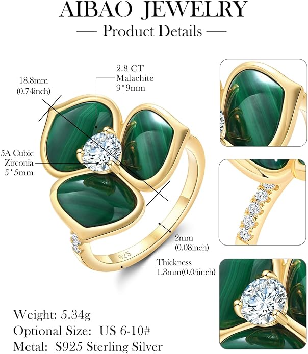 AIBAO Flower Gemstone Rings for Women Three Pental Turquoise/Malachite/Mother of Pearl Flower Ring with Cubic Zirconia Center Sterling Silver Statement Rings Size 6 to 10