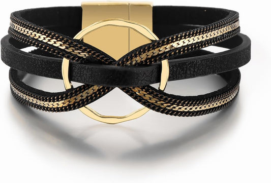 Edoneery Leather Wrap Bracelet for Women, Boho Handmade Multi-Layer Cuff with Crystal Beads Heart, Stackable Bangle Western Jewelry Gift