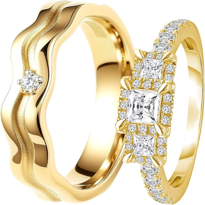Rikelus Moissanite Engagement Ring Sets for Couples,10K 14K 18K Solid Gold Heart/Princess/Round Cut Bridal Ring Sets,Customized Matching Wedding Bands Set for Men and Women Free Engraving