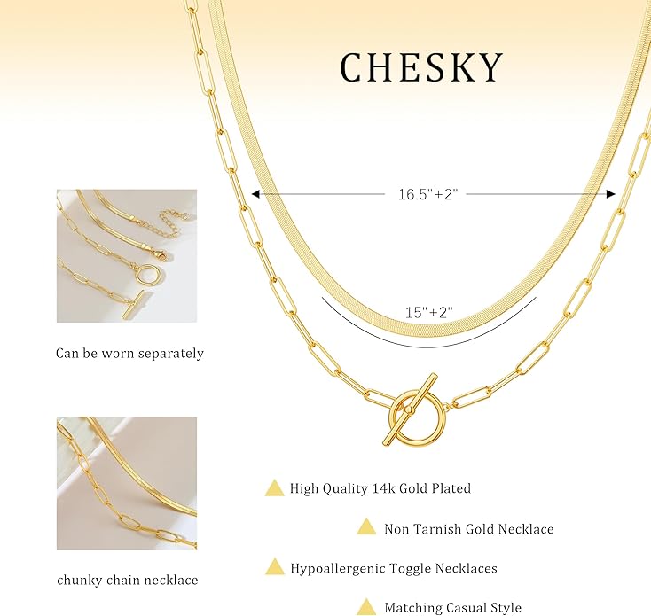CHESKY 14K Gold Plated Layered Herringbone Necklaces for Women, Trendy Paperclip Snake Chain Necklace Cuban Link Simple Chunky Toggle Clasp Necklace Set Fashion Jewelry