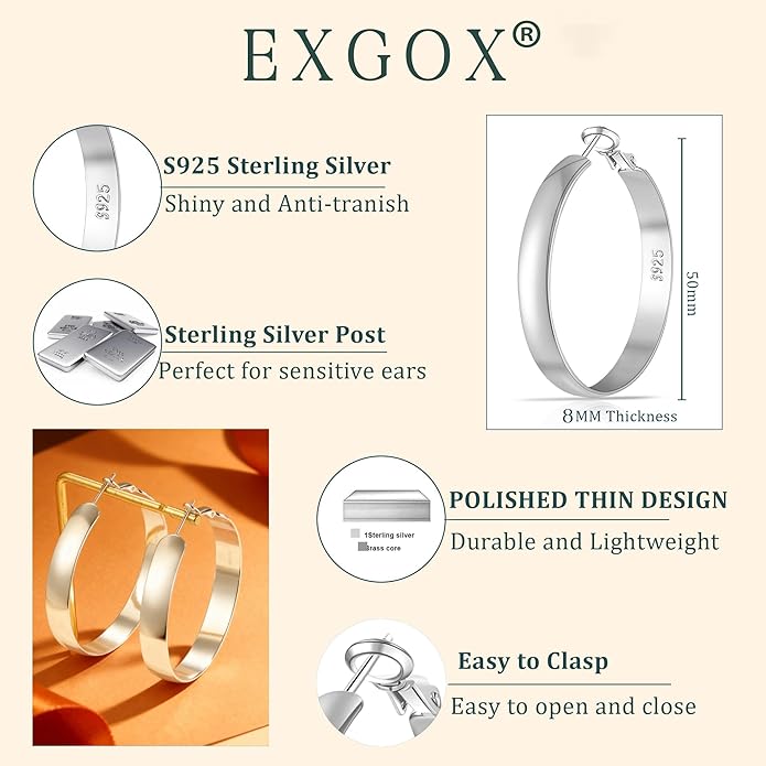 EXGOX 5mm Wide Gold Hoop Earrings for Women,Sterling Silver Hoop Earrings Large Silver Hoop Earrings Hypoallergenic Lightweight 14K Real Gold Plated Big Hoop Earrings for Women 30/40/50/60/70mm