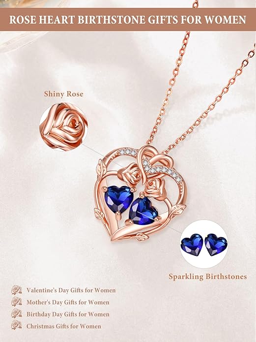 Rose Gold Necklaces for Women Double Birthstone Rose Flower Heart Pendant Necklace Jewelry Anniversary Christmas Valentine's Mother's Day Birthday Gift for Wife Mom Her Girlfriend Sister