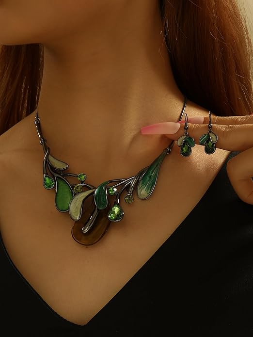 Chunky Statement Jewelry Set Vintage Retro Leaf Flower Floral Geometric Bohemian Boho Bib Necklace Earring Set Fashion Costume Jewelry for Women Girls Wedding Party Prom Unique Gift