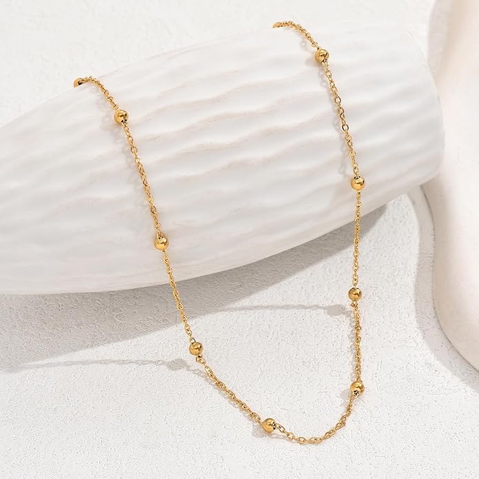 Dainty Chain Necklace for Women, 18K Gold Plated Coin Disc Choker Necklaces Simple Satellite Beaded Twisted Thin Paper Clip Chain Everyday Jewelry Gifts