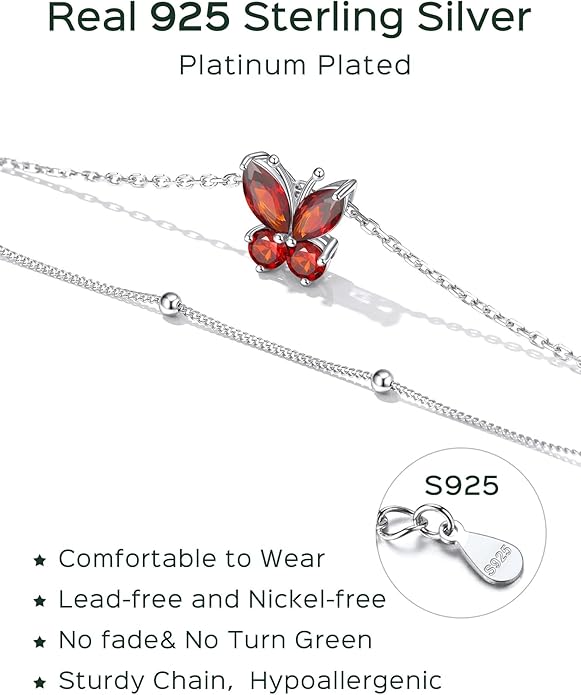 ChicSilver 925 Sterling Silver Anklets for Women Waterproof, Sparkling Birthstone Ankle Bracelets for Women, Adjustable Layered Butterfly Anklet Summer Beach Jewelry