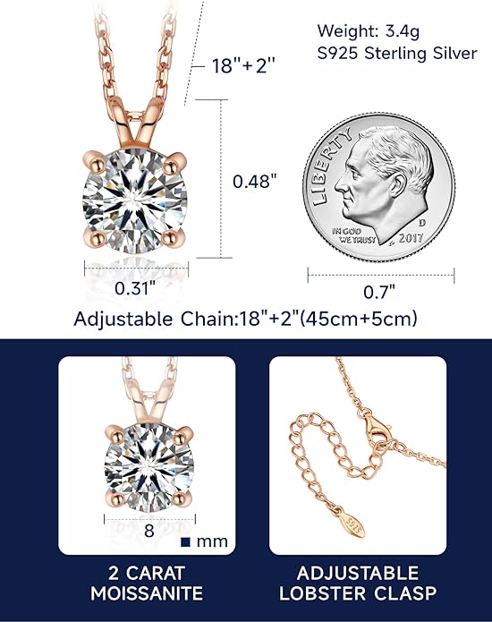 MomentWish Moissanite Solitaire Pendant Necklaces for Women Sterling Silver 0.3/0.5/1/2-Carat D Color VVS1 Clarity Mossanite Jewelry for Women