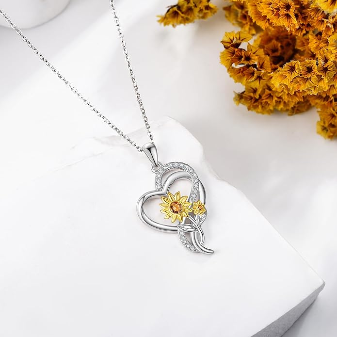 Tulip Sunflower Rose Lily of the Valley Sterling Silver Flower Heart Pendant Necklace Gifts for Women Mother Flower Lover