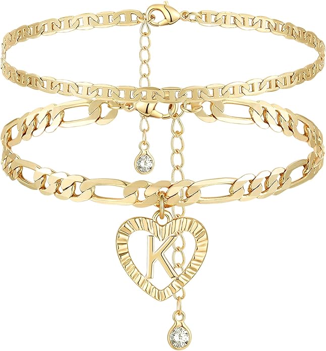 YANODA Initial Ankle Bracelets for Women 14K Gold Plated Layered Figaro Chain Letter Initial Anklets Handmade Layered Heart Ankle Bracelets Personalized Jewelry for Women