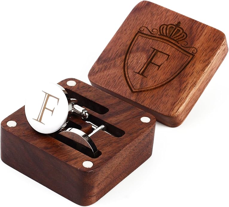 Mens Initial Silver Cufflinks A-Z Alphabet Letter Steel Cuff Links with Engraved Walnut Wood Box Groom Groomsman Wedding Set…