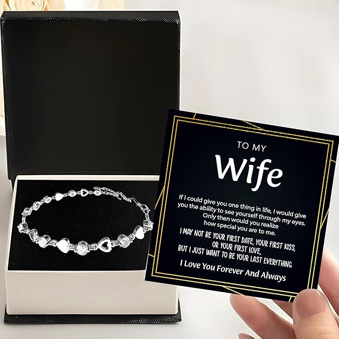 To My Wife Crystal Heart Bracelet Gift From Husband, Beautiful Wife Jewelry For Anniversary, Birthday, Christmas, Valentine’s Day, Bracelet For Her With Heartfelt Message & Elegant Box
