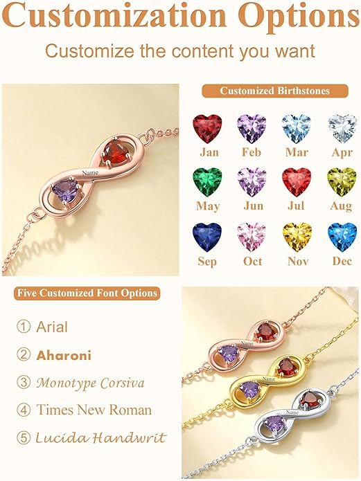 Custom4U Personalized Infinity Love Symbol Link Bracelets for Women 925 Sterling Silver Birthstone Bracelet Adjustable Engraved Chain Christmas Mother's Day Birthday Jewelry Gifts for Mom Her