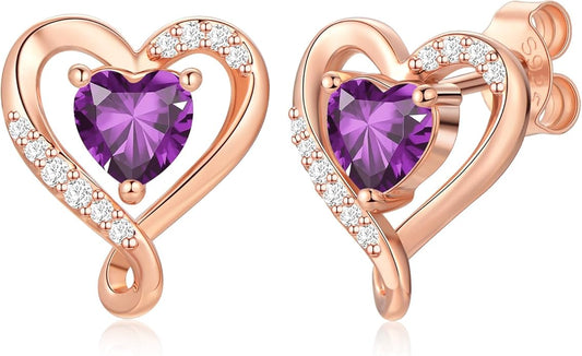 Earrings for Women, S925 Sterling Silver Rose Gold Birthstone Heart Studs Earring for Girlfriend Wife, Anniversary Birthday Christmas Valentines Mothers Day Gifts Jewelry for Women Wife Her Mom
