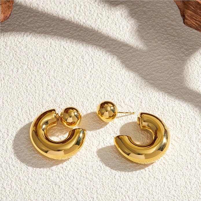 8YEARS Chunky Gold Hoop Earring for Women, 18K Gold Plated Lightweight Thick Hoops, Hypoallergenic Trendy Jewelry for Gift