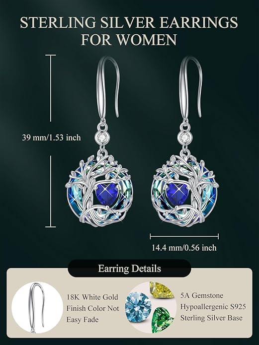 TOUPOP Tree of Life Birthstone Earrings for Women 925 Sterling Silver Family Tree Dangle Earrings Austrian Crystal Jewelry Birthday Christmas Gifts for Her Girlfriend Wife Mom