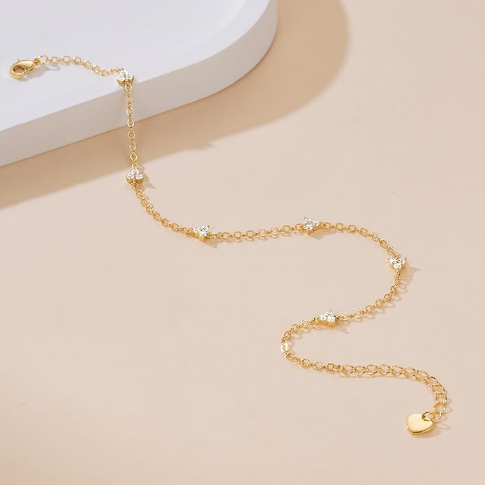 VSNPO 14K Gold Anklets for Women Gold Ankle Bracelets for Womens Clover and Three-Petal Flower Design with Cubic Zirconia Anklet Bracelet for Womens