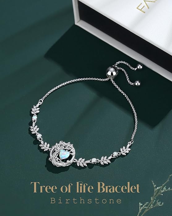 FANCIME Tree of life Birthstone Bracelet for Women Sterling Silver Tree Jewelry Birthstone Charm Bracelet Gemstone Anniversary Birthday Christmas Gifts for Wife Mom Her