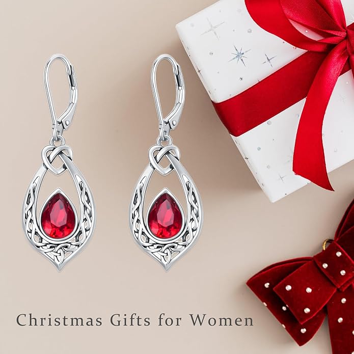 Celtic Knot Dangle Earrings 925 Sterling Silver Oxidized Vintage Drop Leverback Earrings with 8 * 6mm Simulated Birthstone Crystal Christmas Jewelry Gifts for Women (Gift Box)