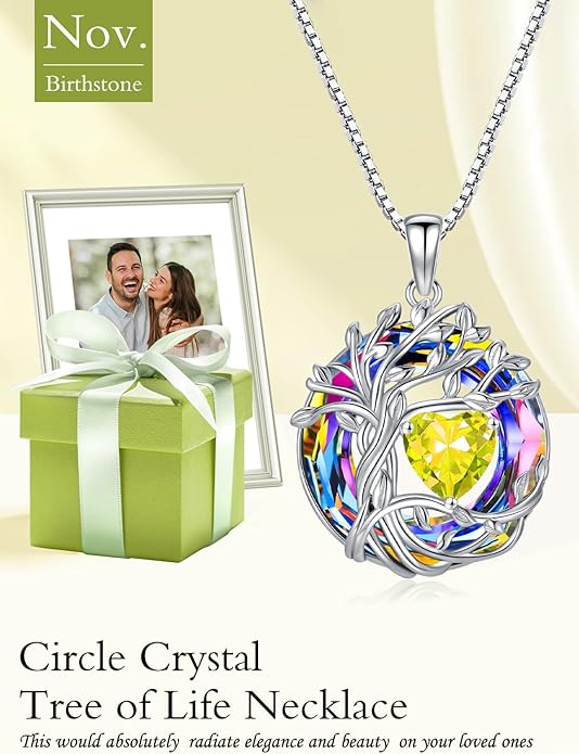 TOUPOP Christmas Gifts Tree of Life Birthstone Necklace 925 Sterling Silver Pendant Austrian Crystal Jewelry Anniversary Birthday Gifts for Women Mom Her Wife