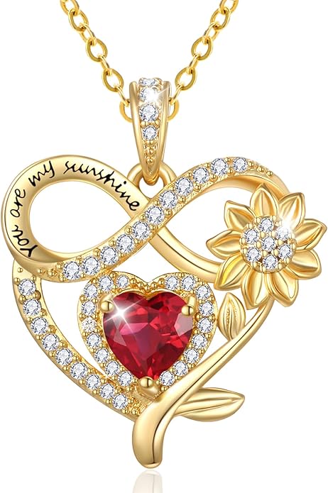 14K Gold Sunflower Heart Necklace for Women, You Are My Sunshine Jewelry with Birthstone Pendant, Anniversary Birthday Gifts for Her Wife Mom Grandma Daughter
