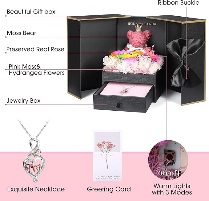 ADDWel Gifts for Mom from Daughter and Son, Unique Mom Birthday Gift Idea, Preserved Real Roses with Sterling Silver Mom Necklace, Cool Present to Mother Mama