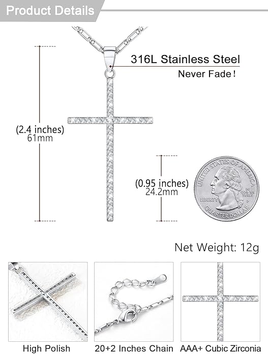 U7 Cross Necklace for Women,Silver/14K Gold Large or Small Cross Necklaces with CZ Diamond,Faith Birthday/Christmas Gift for Her Women Mother Daughter Grandmother