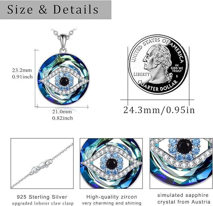 WINNICACA Sterling Silver Evil Eye Necklace Protection Crystal Pendant for Women Good Luck Vintage Evil Eye Pendant Jewelry Birthday Gifts for Women Friend Female