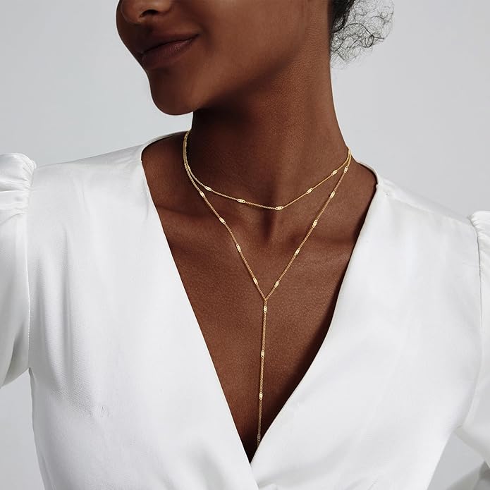 Luxval Lariat Gold Necklace for Women, Dainty Long Necklace 14k Gold Plated/Silver Y-Shaped Pendant Necklaces Trendy Beaded Chain Drop Necklaces Jewelry for Women Gifts