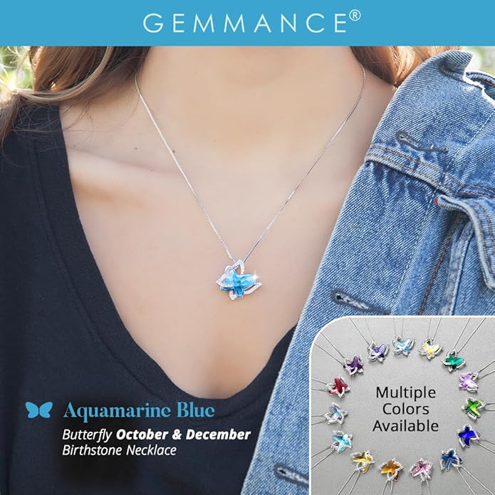 Gift Butterfly Birthstone Crystal Necklace, Silver Tone with 18”+2” Chain, Necklace for Mother’s Day Anniversary Birthday Gifts for Women and Daughter