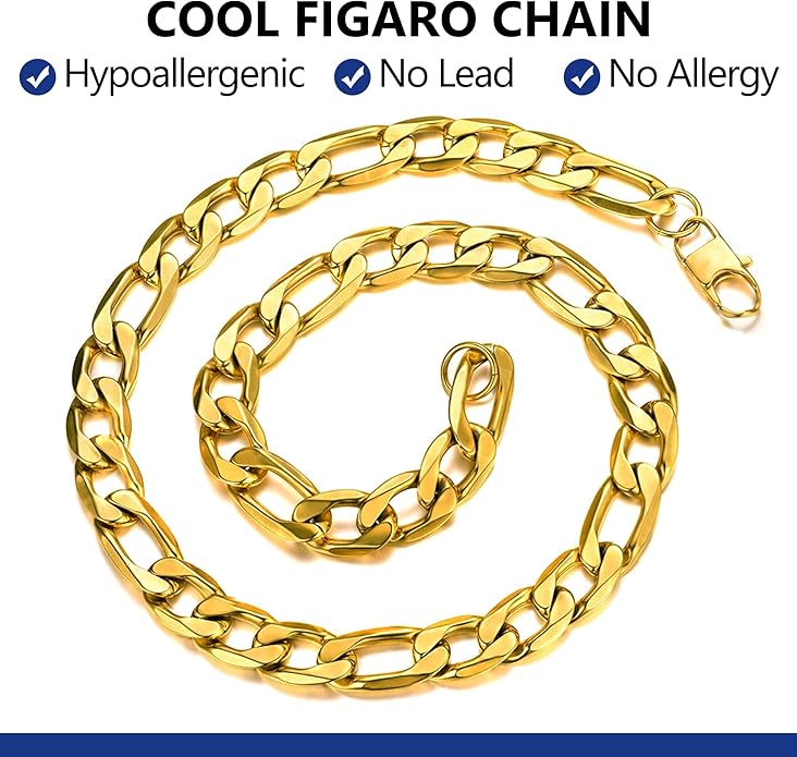 PROSTEEL 316L Stainless Steel Figaro Cuban Chain Necklace for Men, Black/18K Real Gold Plated, 4/5/6/7.5/9/10/13mm, 14inch-30inch, Come with Box