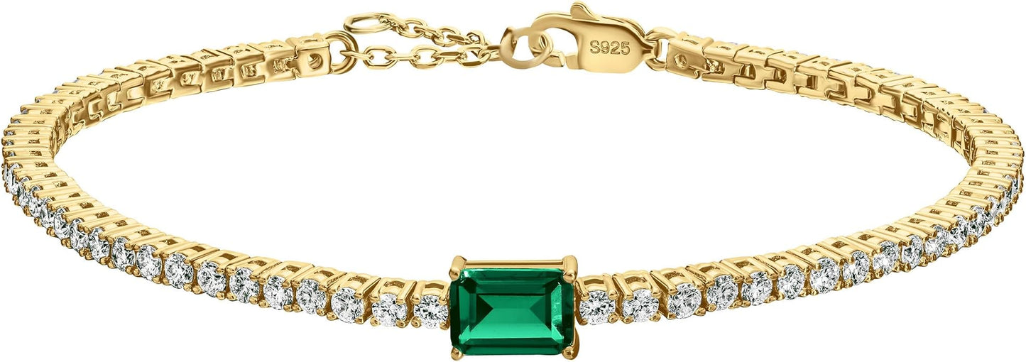 18K White/Yellow Gold Plated Silver Bracelet With Lab Grown Sapphire/Emerald/Ruby Surrounded With Lab Grown Diamond/Moissanite, Bracelet For Women Comes With Gift Box