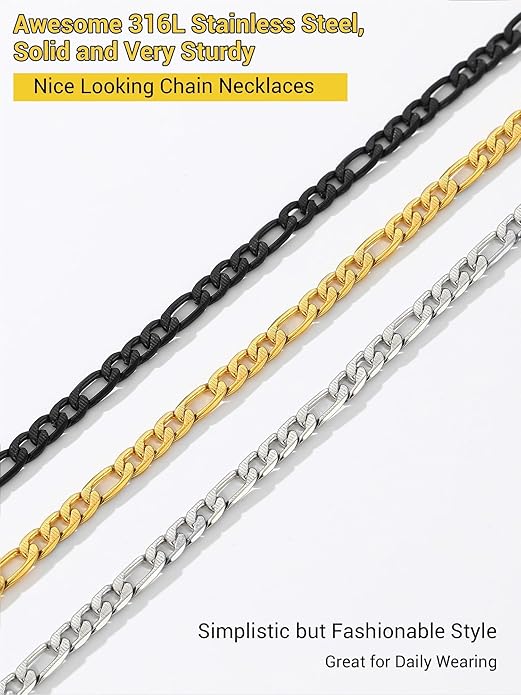 PROSTEEL 316L Stainless Steel Figaro Cuban Chain Necklace for Men, Black/18K Real Gold Plated, 4/5/6/7.5/9/10/13mm, 14inch-30inch, Come with Box
